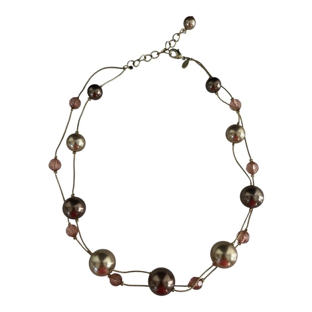 VTG RMN Beaded Necklace – Two-Strand Design with Large Pearl-Style and Pink Bead